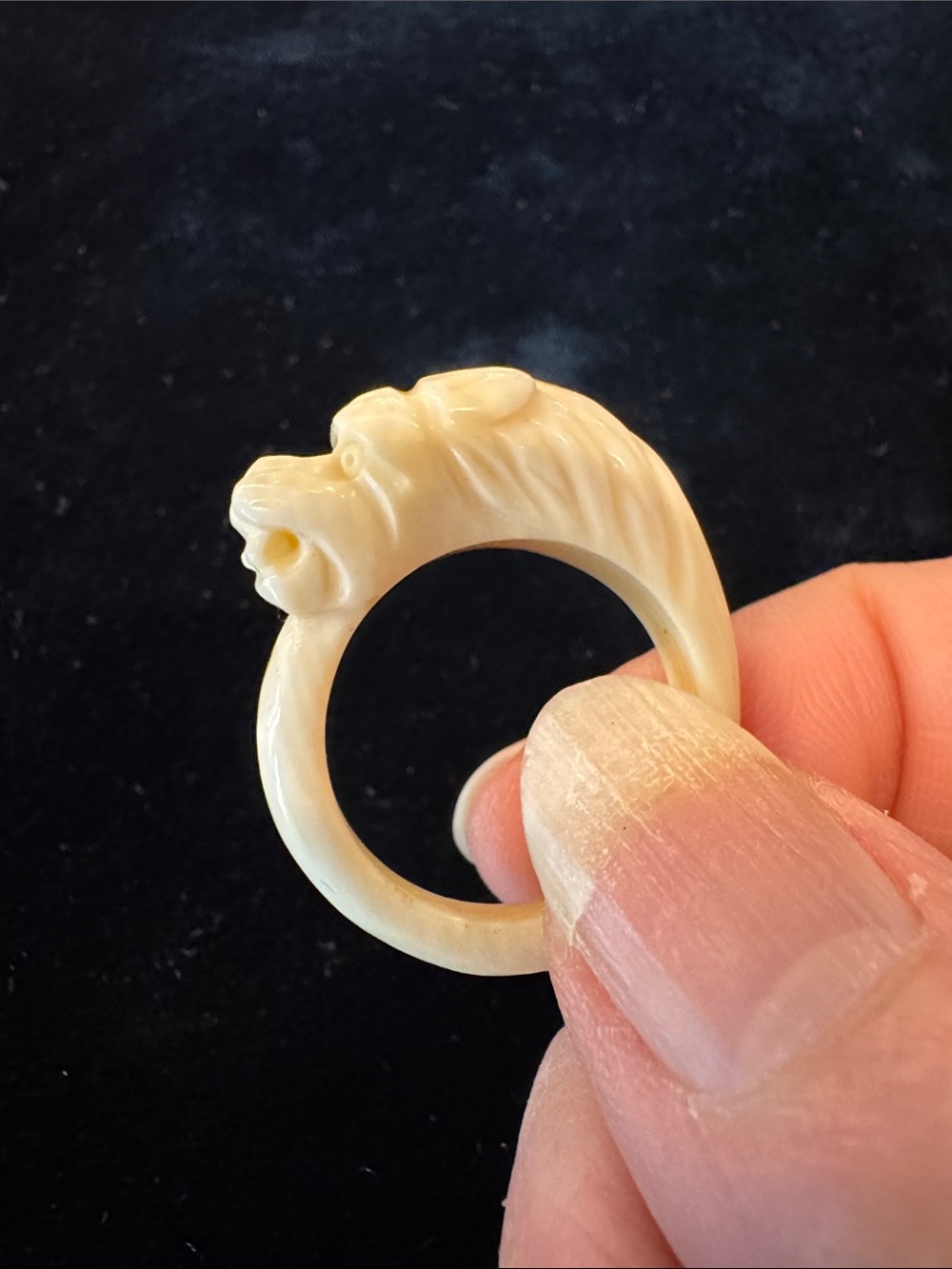 Vintage Carved Bone (?) Dragon or Lion Head Ring